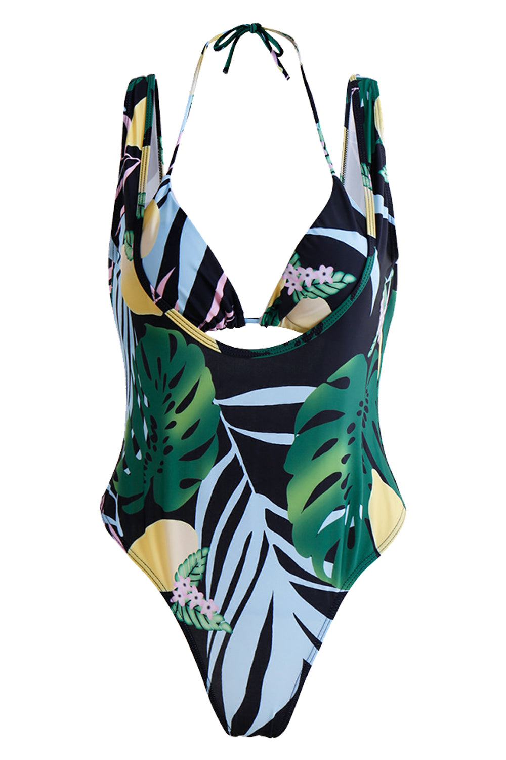 Iyasson Tropical Leaves Printing Halter Two-piece Swimwear