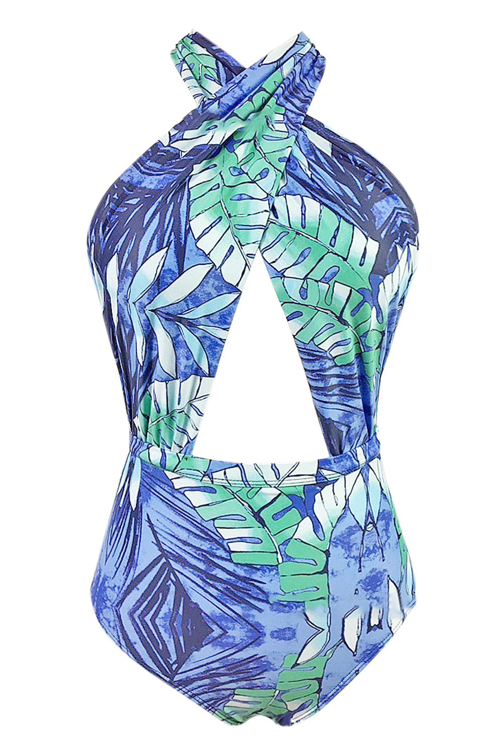 Iyasson Blue Floral Printing Front Cross Halter One-piece swimsuit