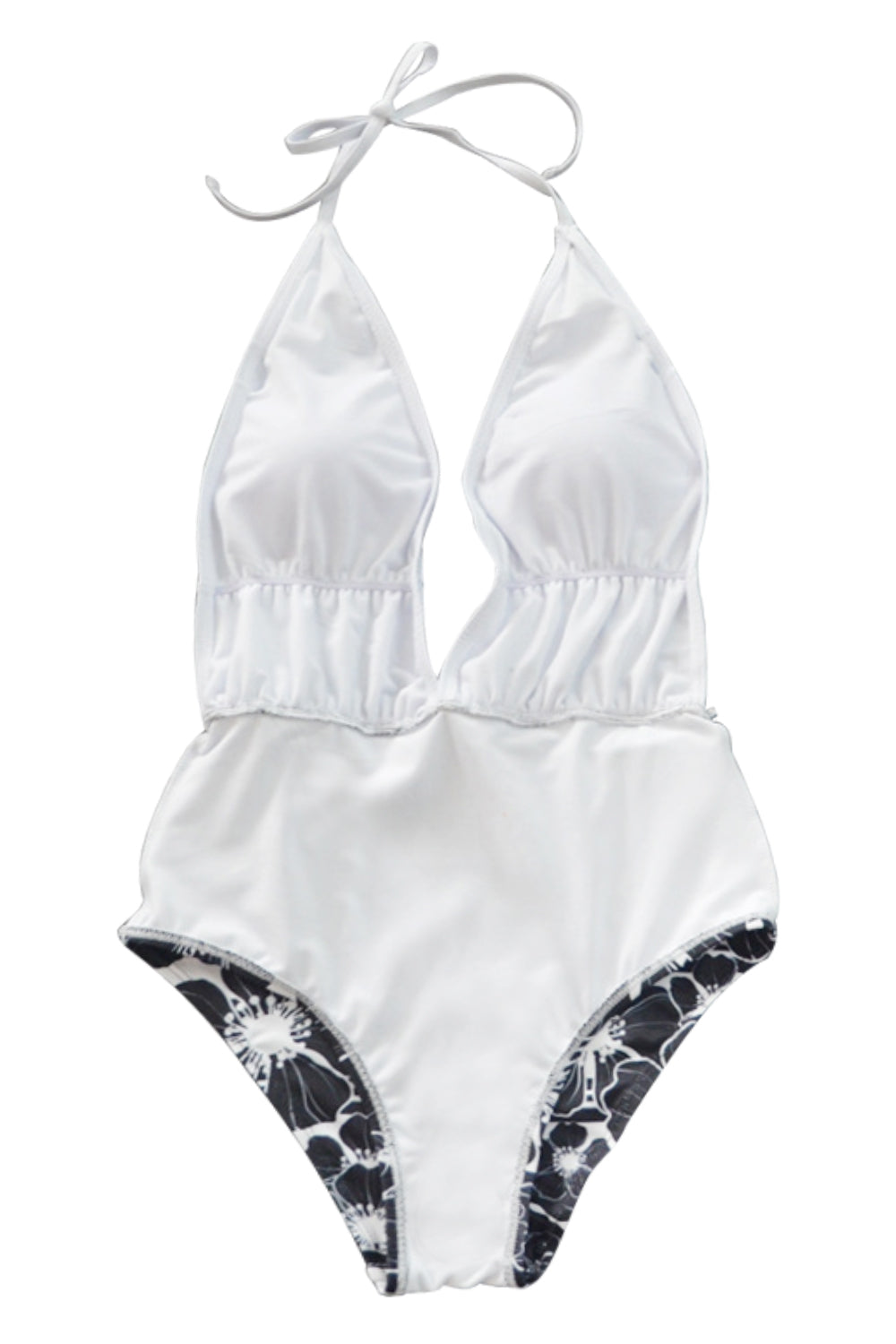 Iyasson Sexy Floral Printing With Deep V-neck Halter One-piece Swimsuit