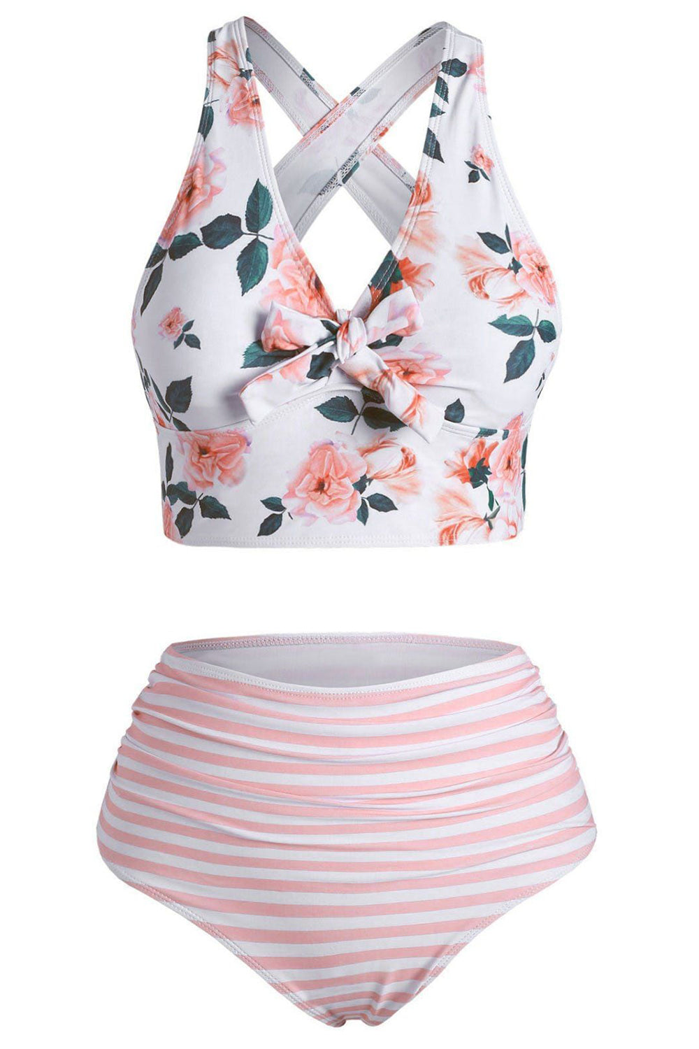 Floral Striped Ruched Crisscross Tankini Swimwear