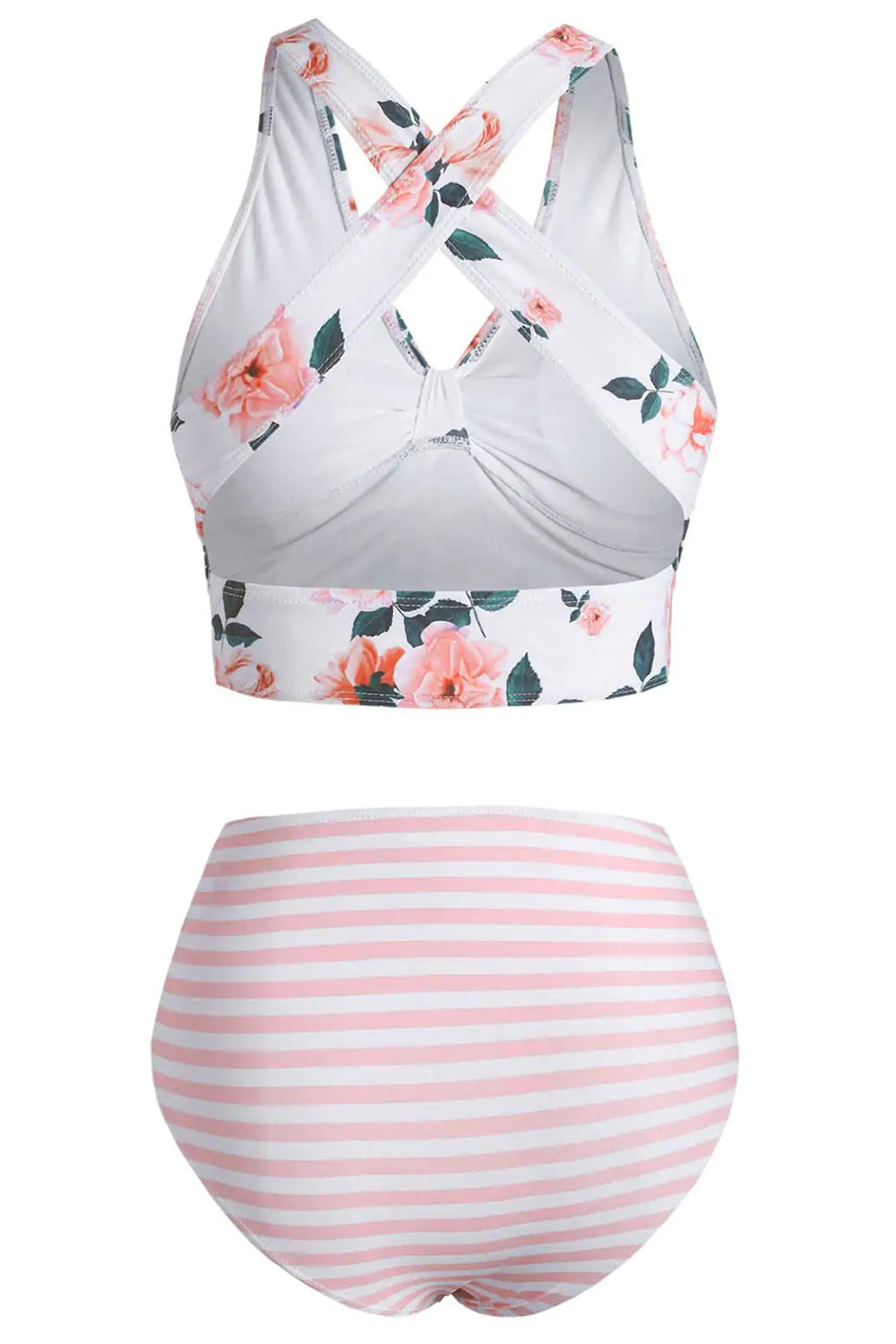 Floral Striped Ruched Crisscross Tankini Swimwear