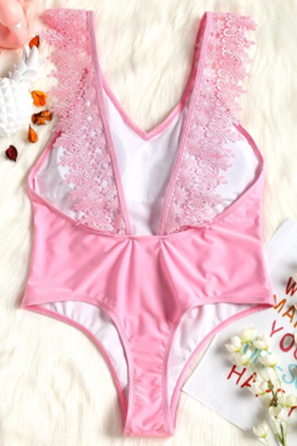 Lace Applique Plunge High Leg Valentine Swimsuit