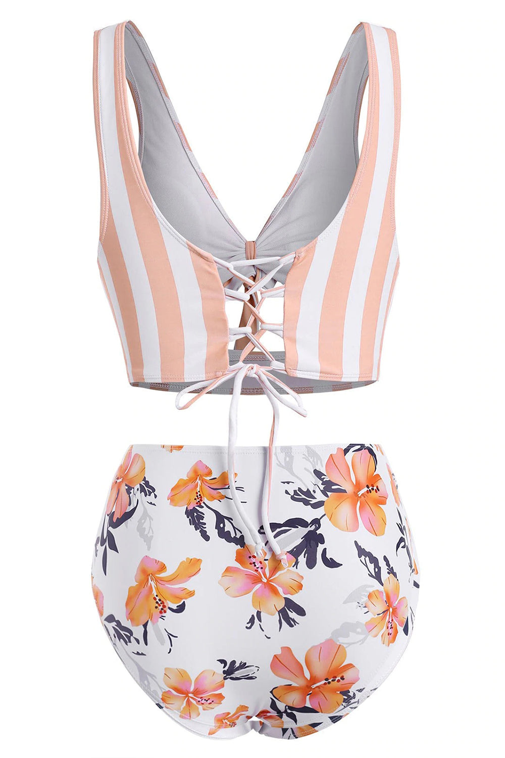 Striped Floral Cutout Lace-up Tankini Swimwear