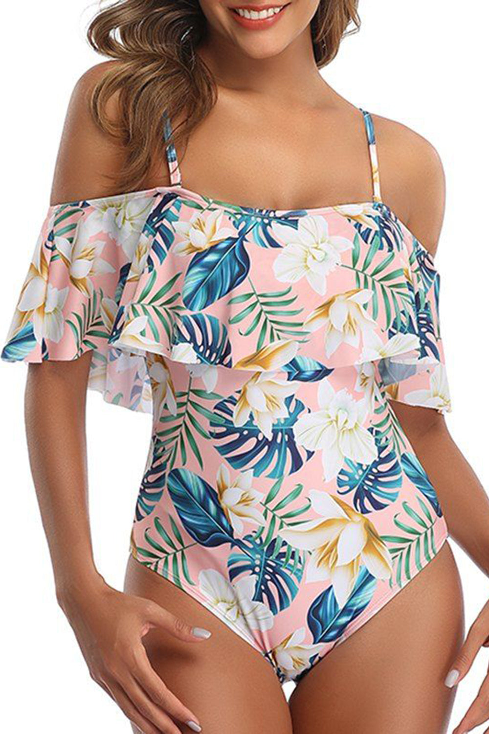 Flounce Floral Leaf Tummy Control One-piece Swimsuit