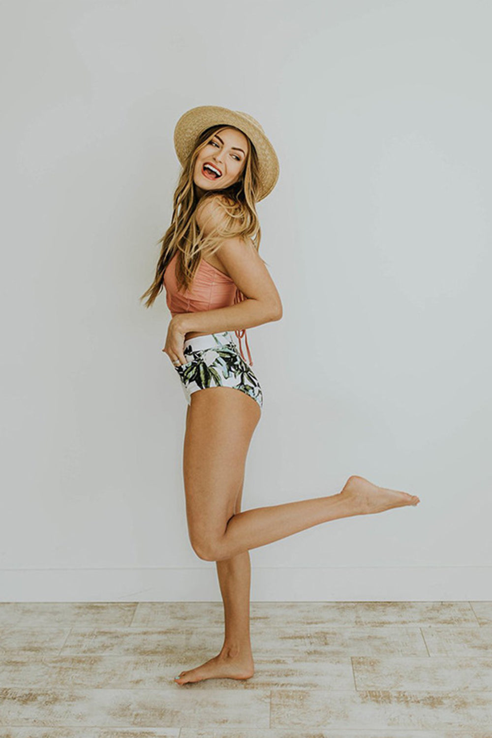 HIGH WAIST LEAF PRINTED HIGH NECK BIKINI SWIMSUIT