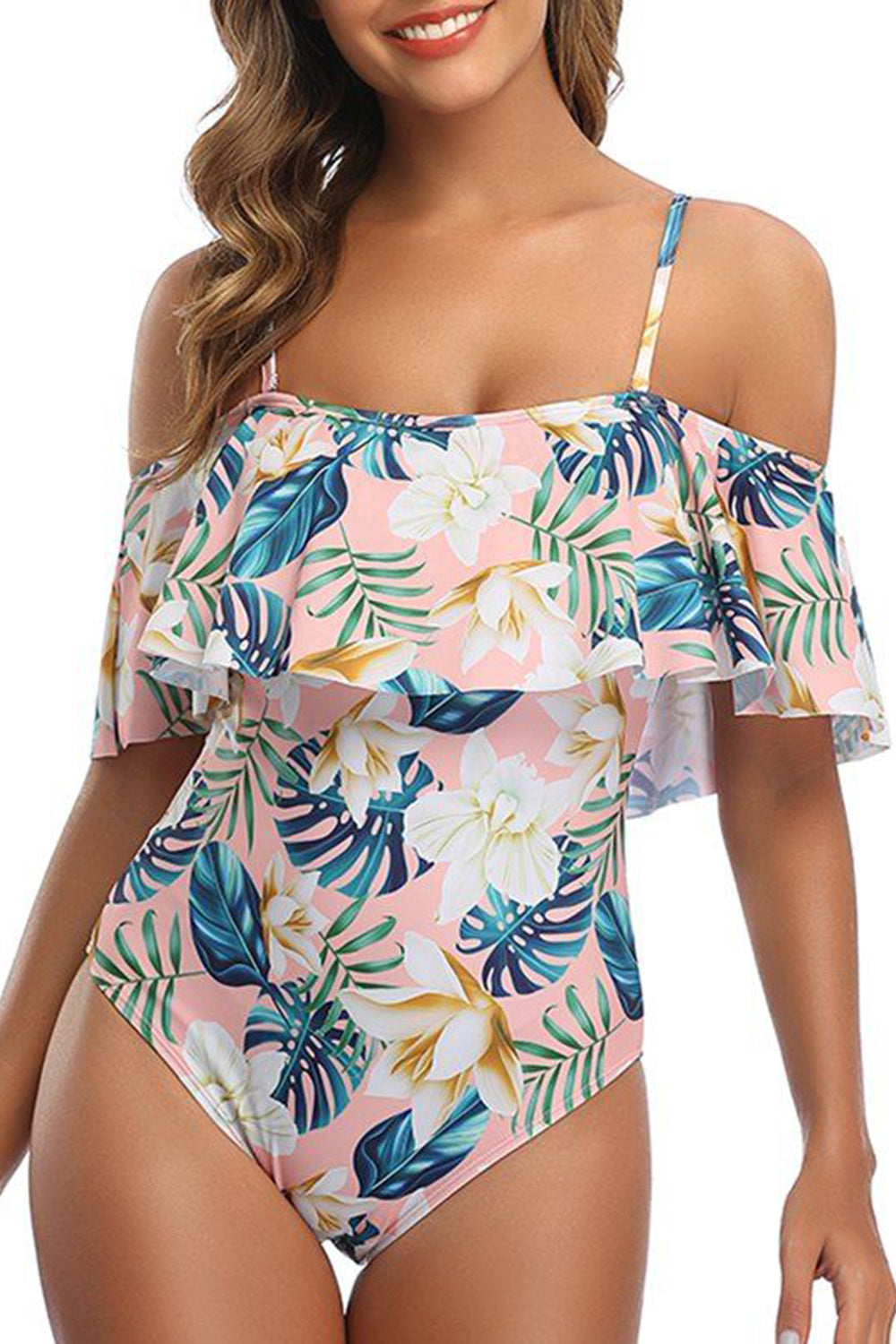 Flounce Floral Leaf Tummy Control One-piece Swimsuit