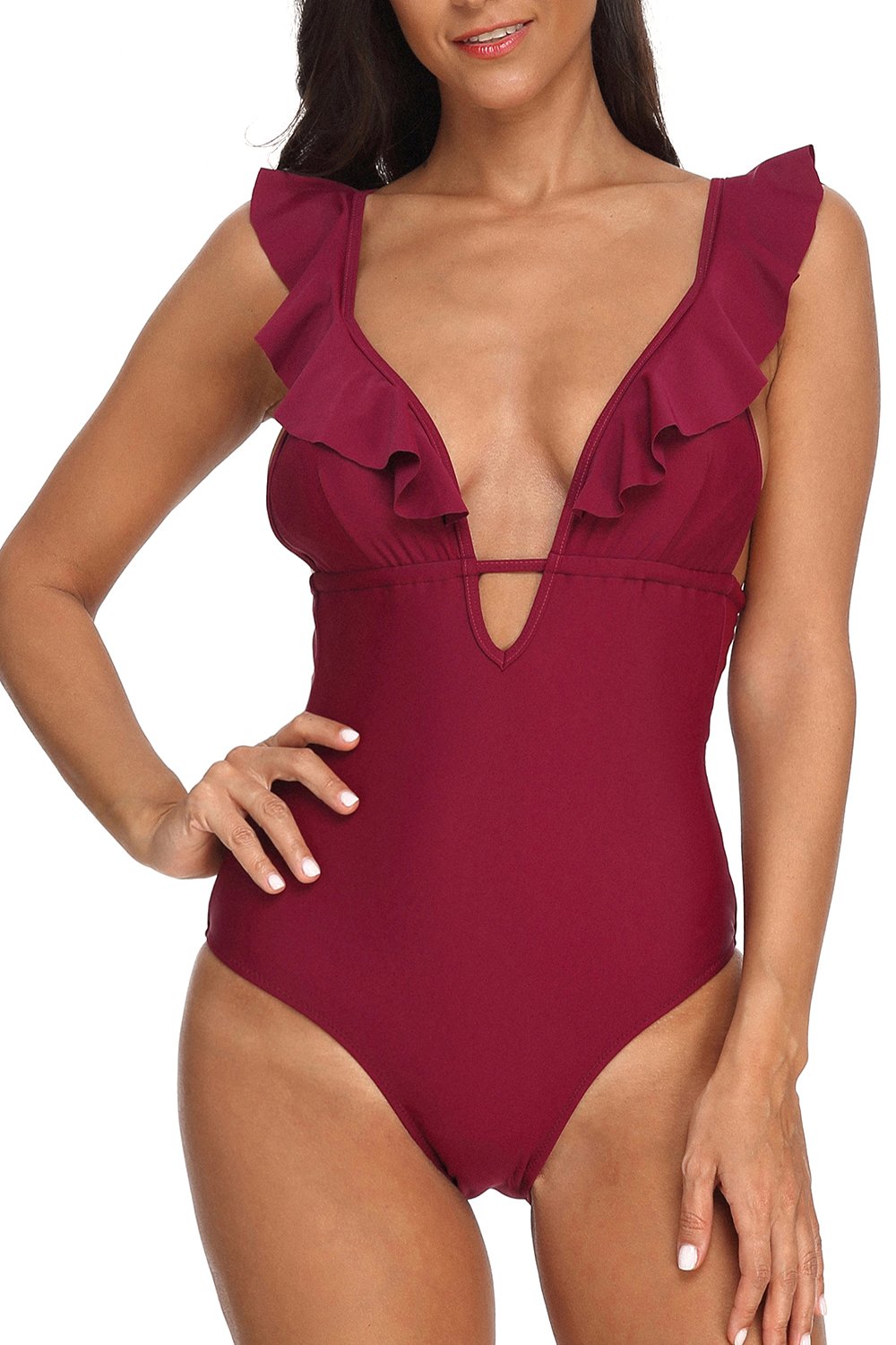 Women One Piece Bathing Suit Falbala Plunge V Neck Monokini Swimsuit