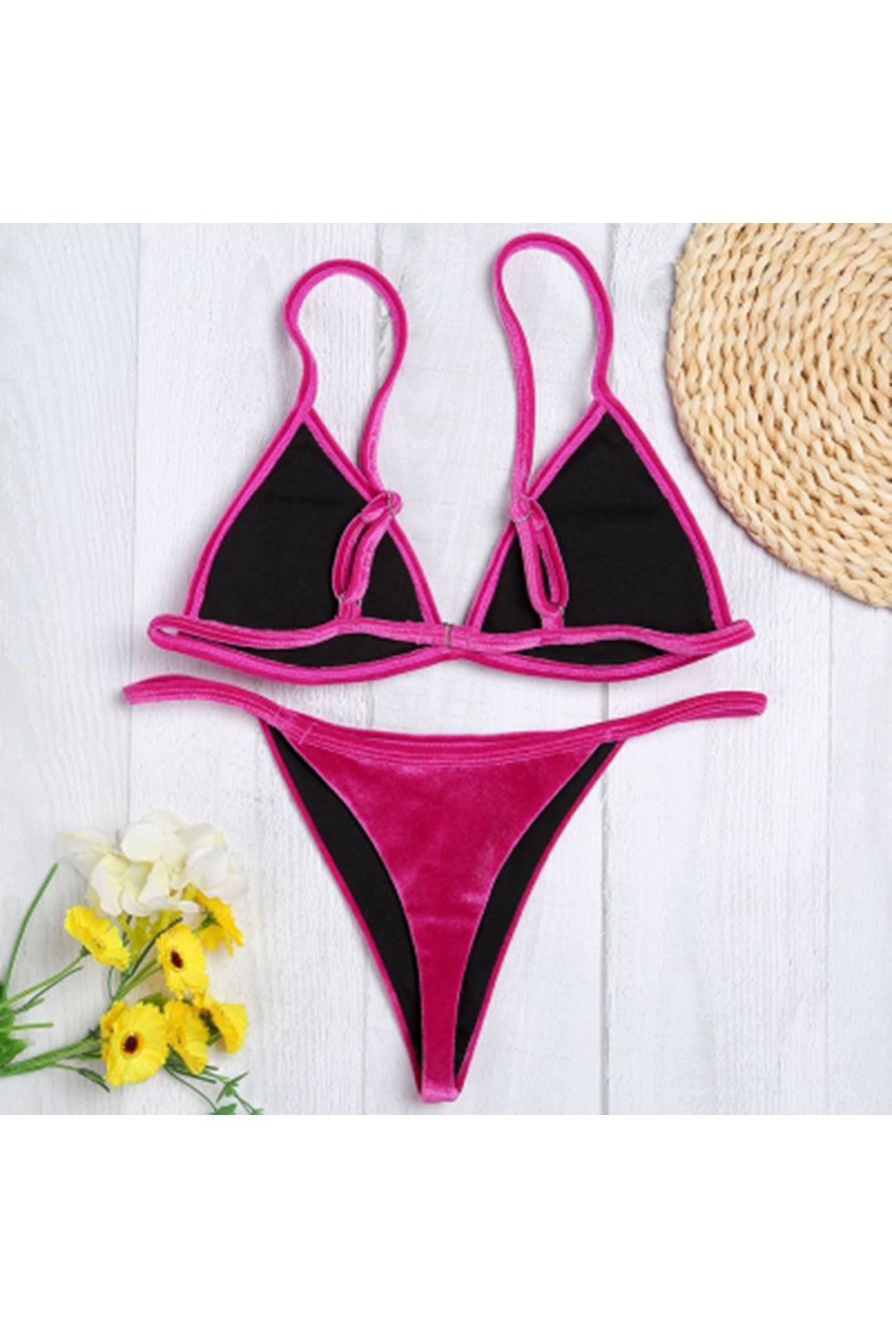 Spaghetti Strap Padded Backless Low Waist Velour Women Bikini Set
