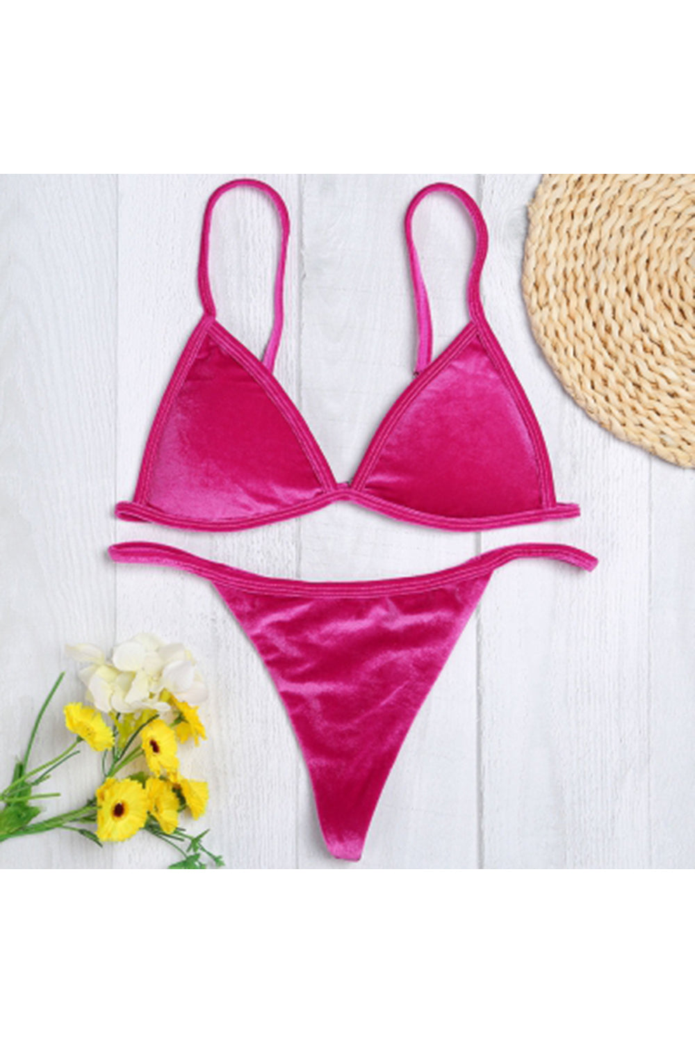 Spaghetti Strap Padded Backless Low Waist Velour Women Bikini Set