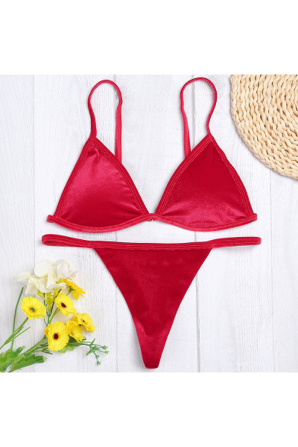 Spaghetti Strap Padded Backless Low Waist Velour Women Bikini Set
