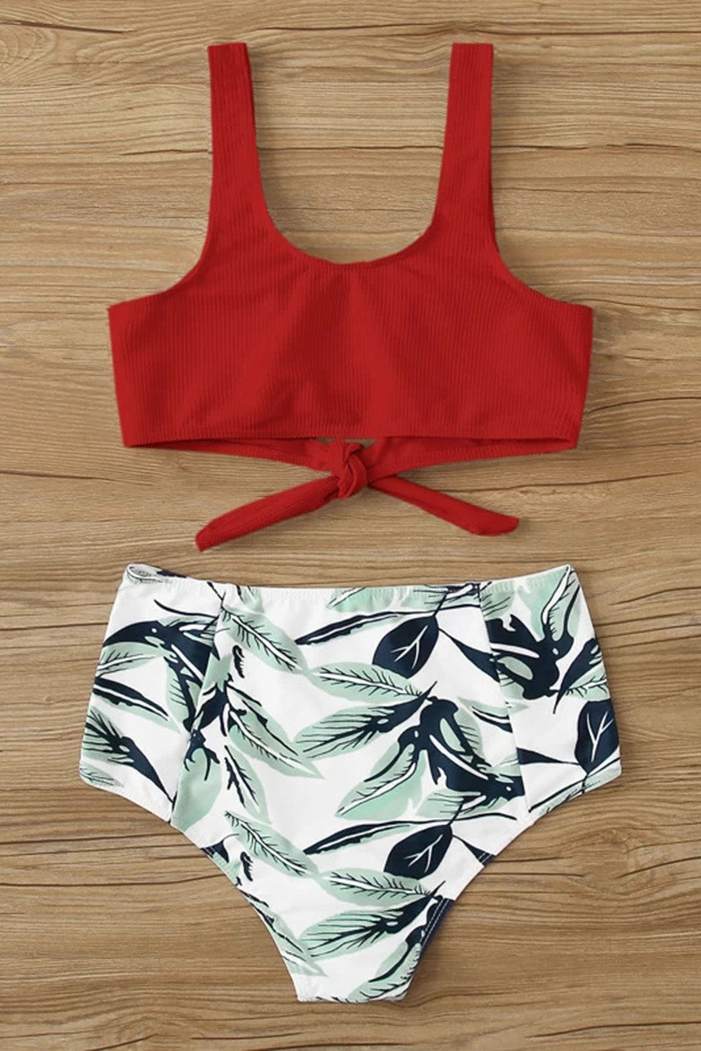 Plant Print Rib Knot Front High Waisted Bikini