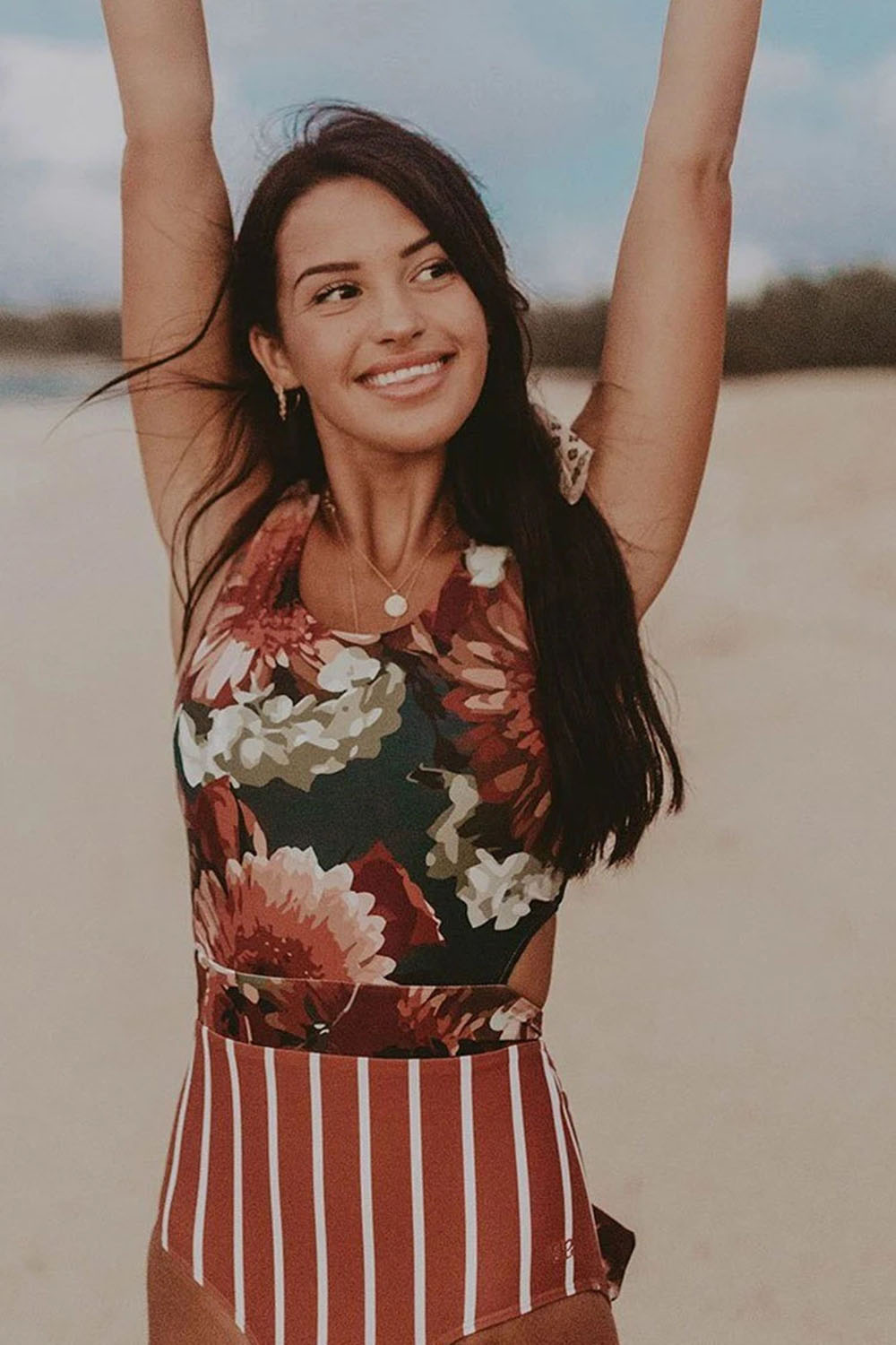 BLOOMING FLORAL TIE STRAPS BACK STRIPE ONE PIECE SWIMSUIT