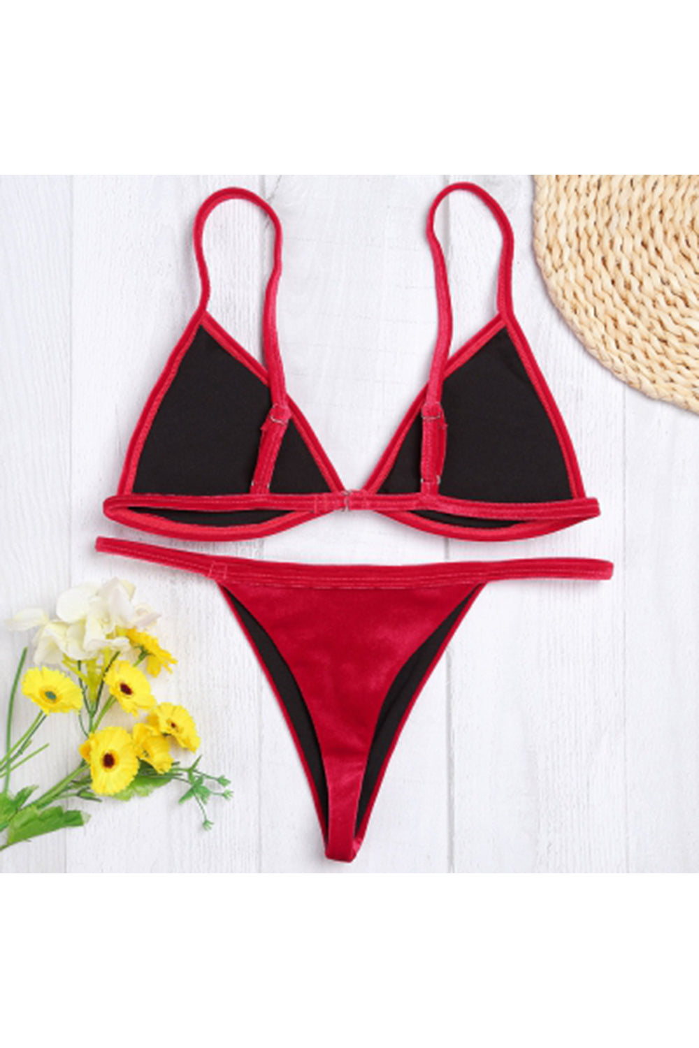 Spaghetti Strap Padded Backless Low Waist Velour Women Bikini Set