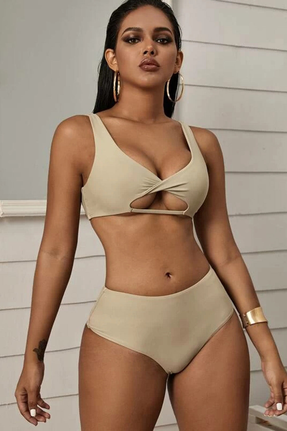 Twist Front Peekaboo High Waist Bikini Swimsuit