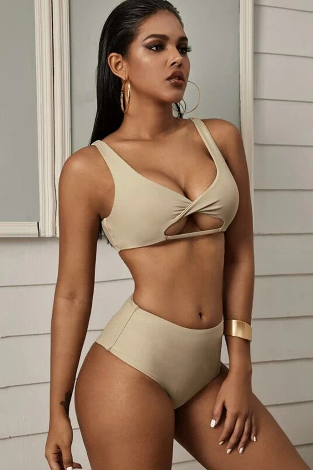 Twist Front Peekaboo High Waist Bikini Swimsuit