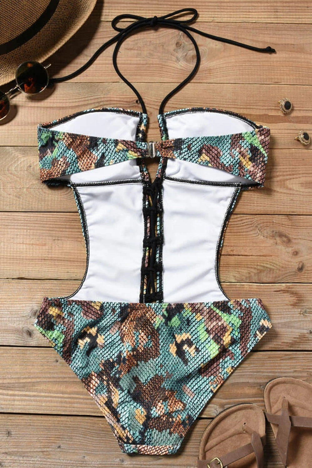 SNAKE LACE UP FRONT HALTER MONOKINI ONE PIECE SWIMSUIT