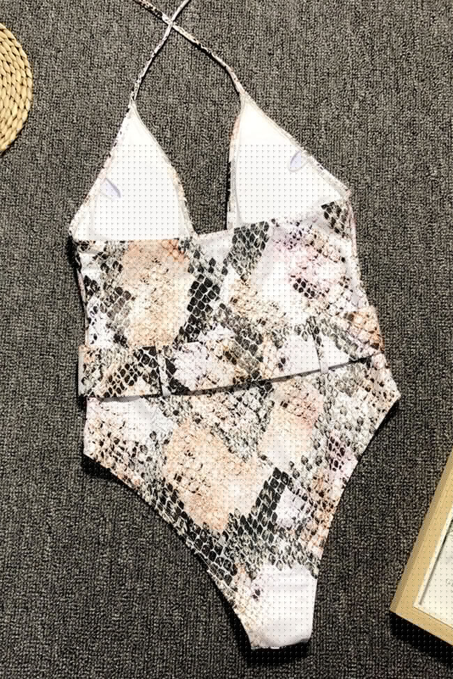 SNAKESKIN BELTED V NECK HALTER ONE PIECE SWIMSUIT