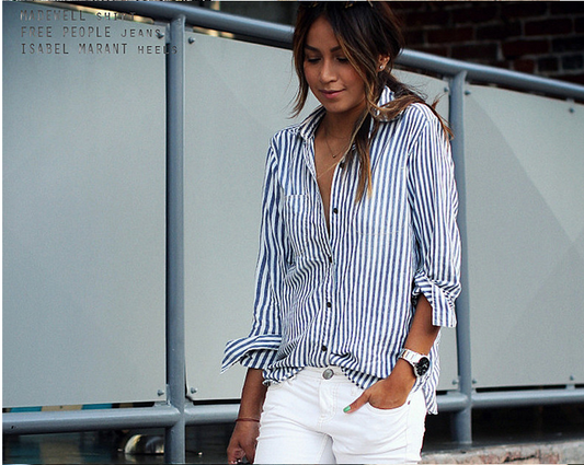 Iyasson Navy Blue Striped Long Sleeve Loose Shirt