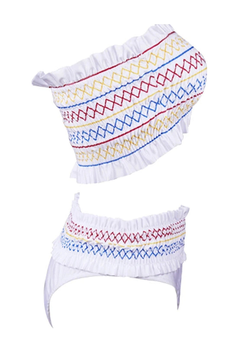 WHITE COLOR RHOMBUS SHIRRED BANDEAU BIKINI SWIMSUIT