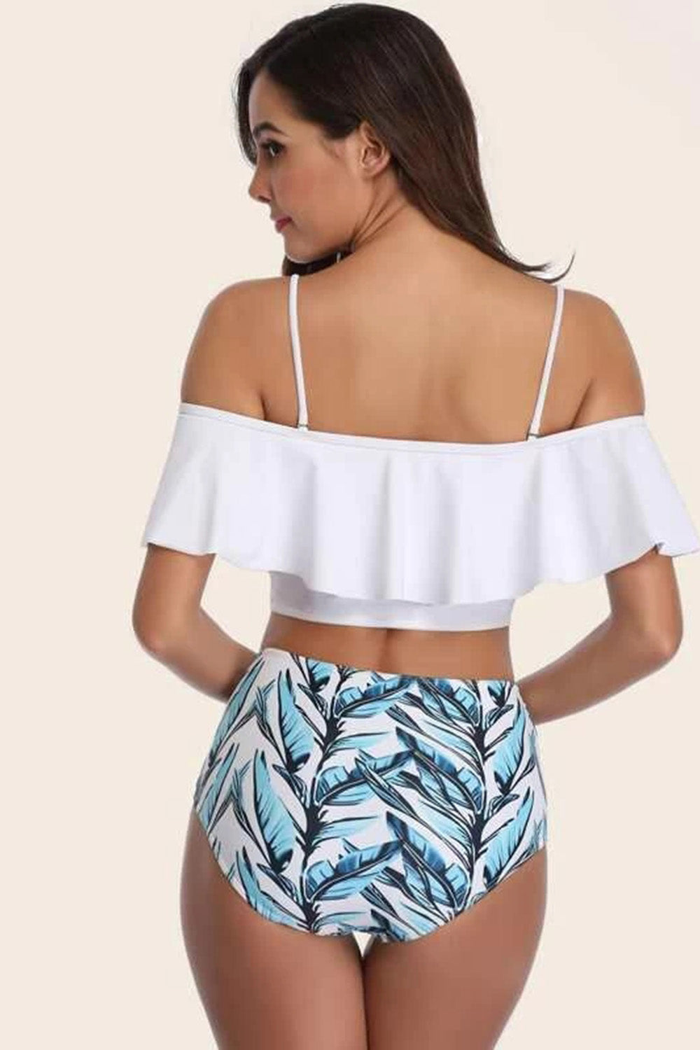 Plant Print Flounce Bardot High Waisted Bikini Swimsuit