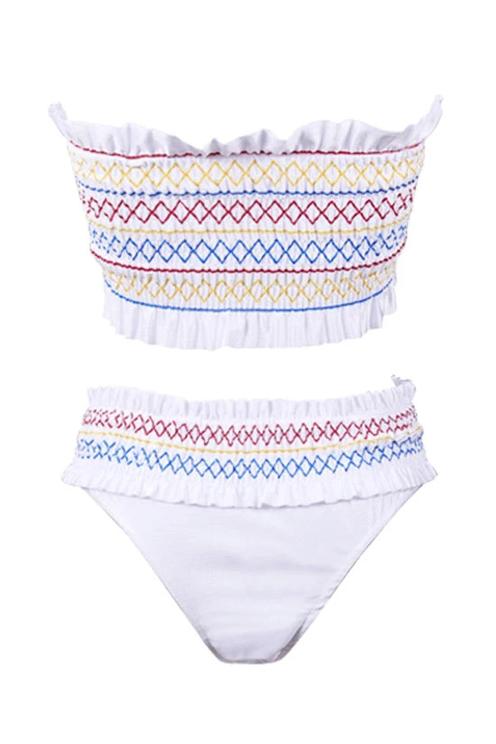 WHITE COLOR RHOMBUS SHIRRED BANDEAU BIKINI SWIMSUIT
