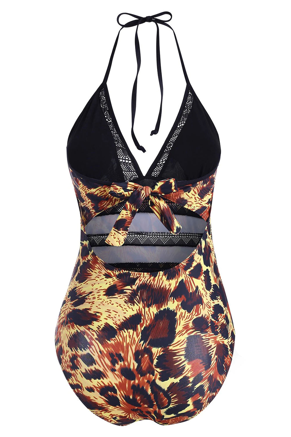 Leopard Backless Crochet Panel One-piece Halter Swimsuit