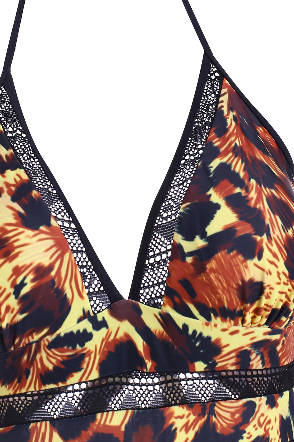 Leopard Backless Crochet Panel One-piece Halter Swimsuit