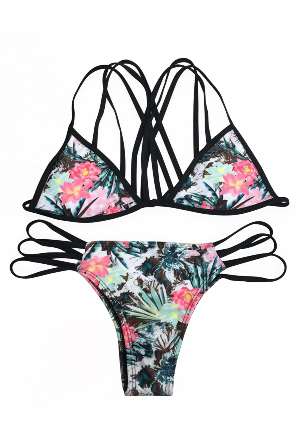 Iyasson floral printing Bikini Set with Handmade Multi-Straps at Back