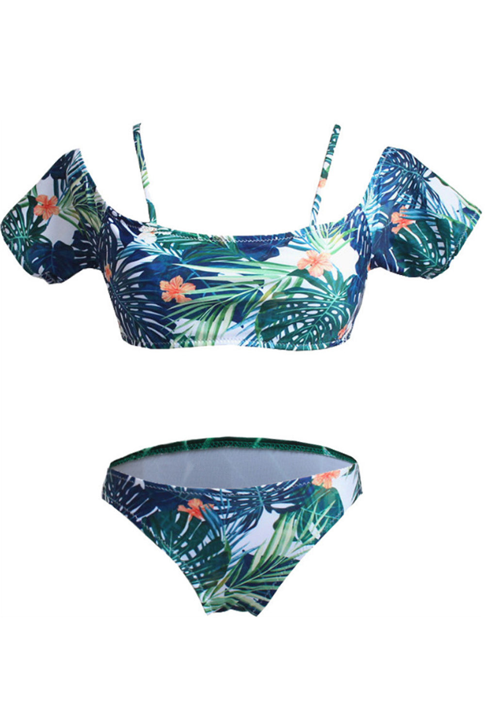 Iyasson leaves printing Off-the-shoulder Two-piece Swimwear