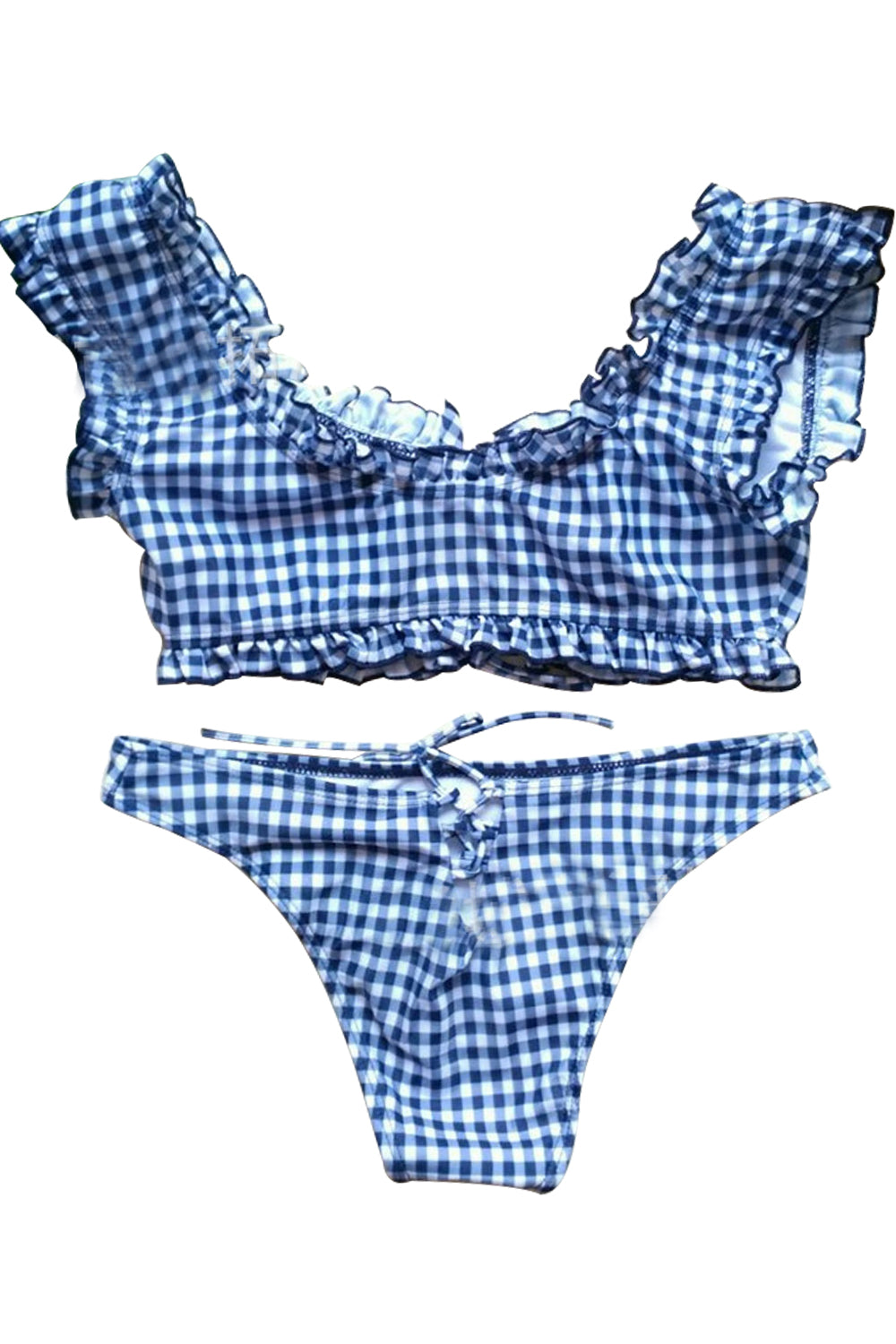 Iyasson Latticed Printing Ruffle Two-piece Swimwear