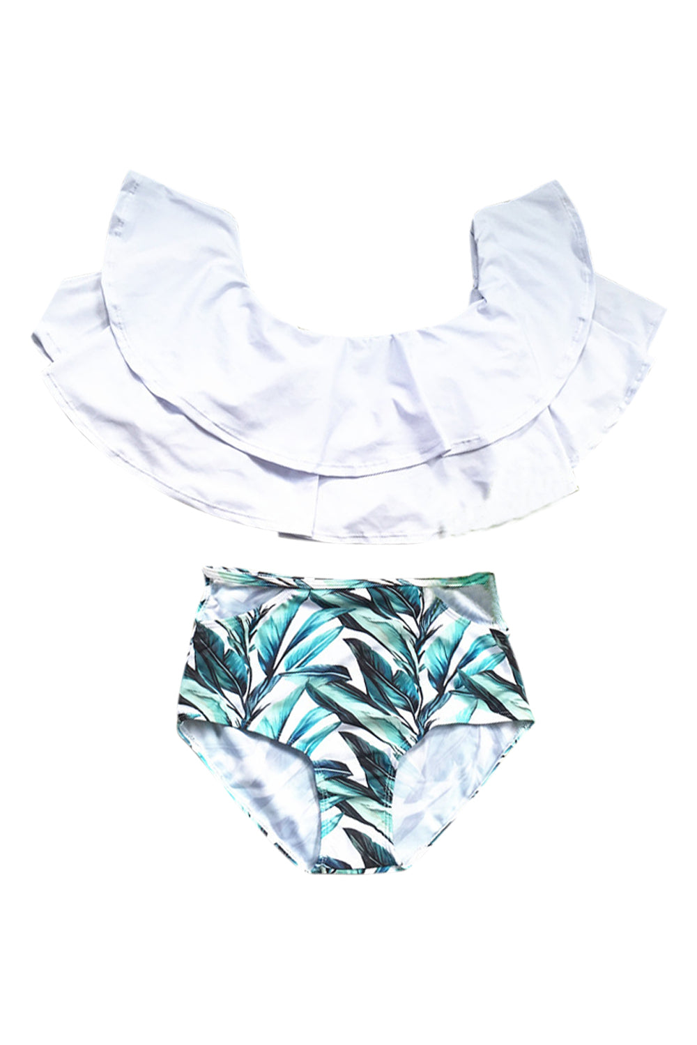 Iyasson Solid Falbala Bikini Top with Leaves printing Bottom