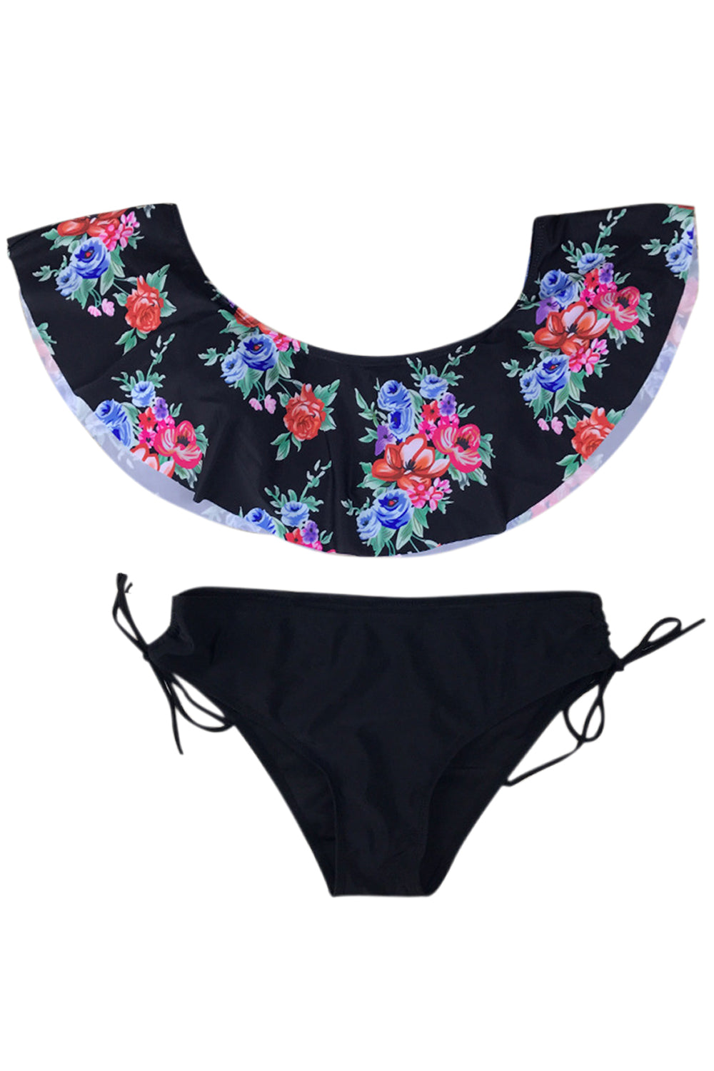 Iyasson Flower Printing Falbala Bikini Top With Black Ties at bottom sides