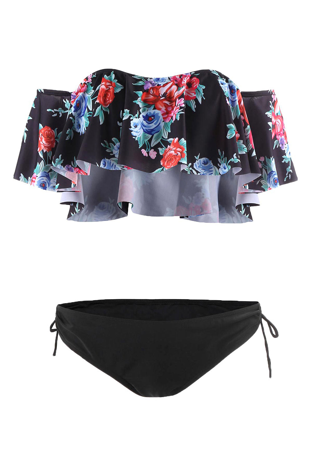 Iyasson Flower Printing Falbala Bikini Top With Black Ties at bottom sides
