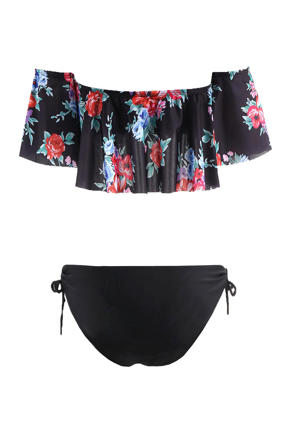 Iyasson Flower Printing Falbala Bikini Top With Black Ties at bottom sides