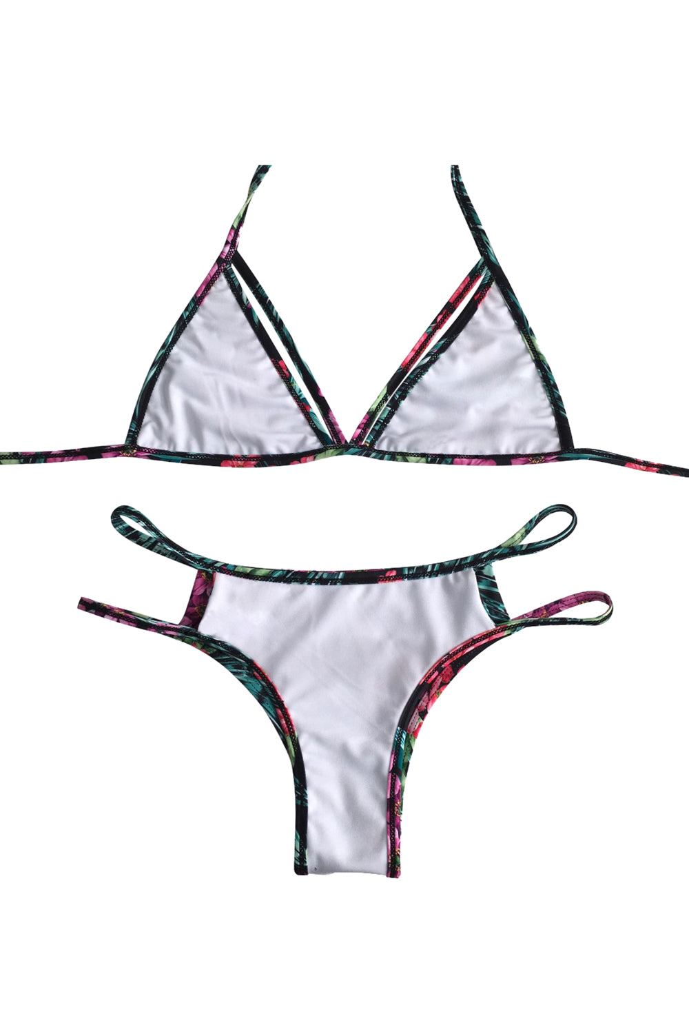 Iyasson Tropical Flower Printing Halter Bikini Top with Double-string Bottom