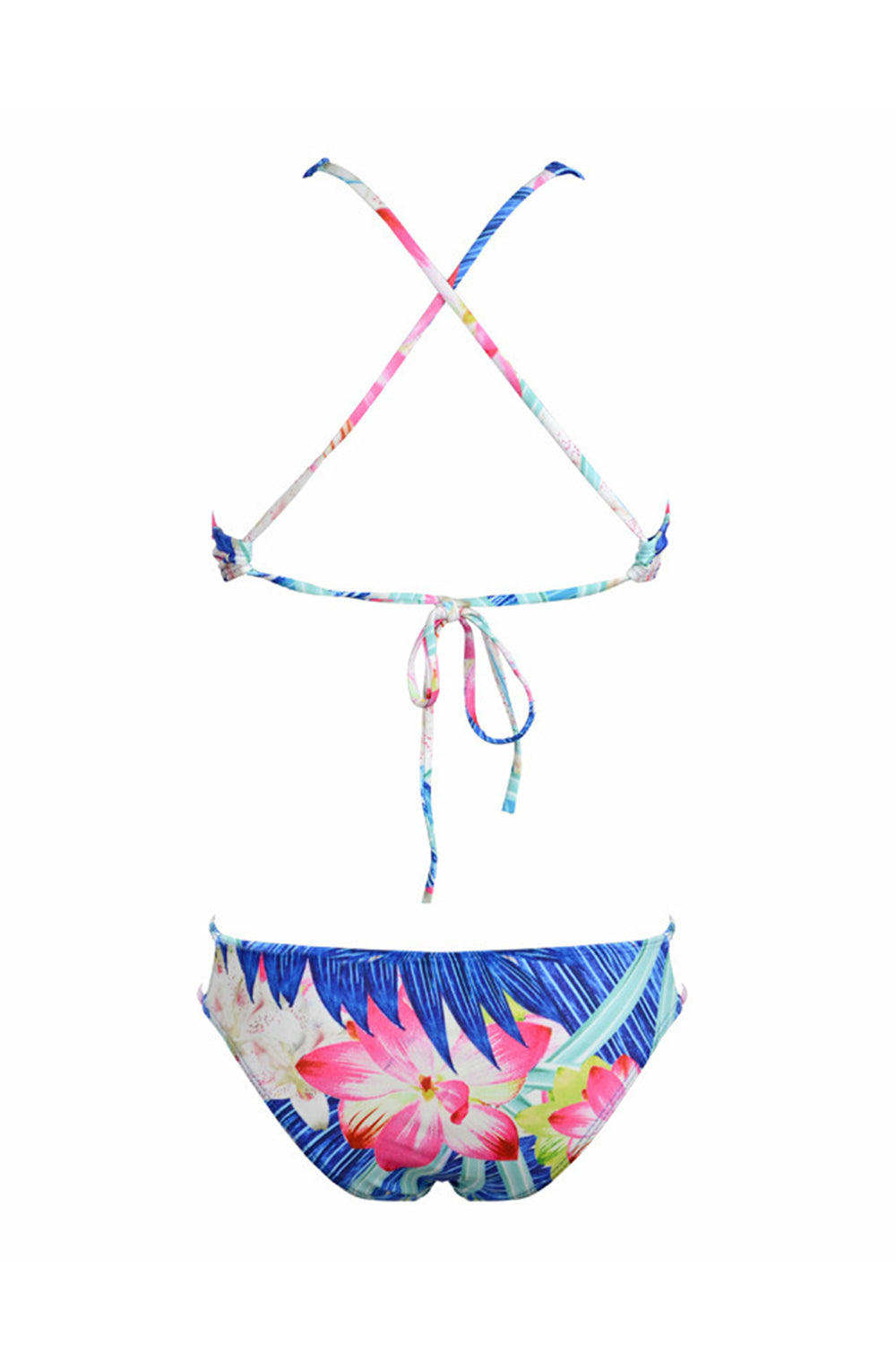 Iyasson Floral Printing Trendy Sport Style High Neck Bikini Top with Double-string Bottom