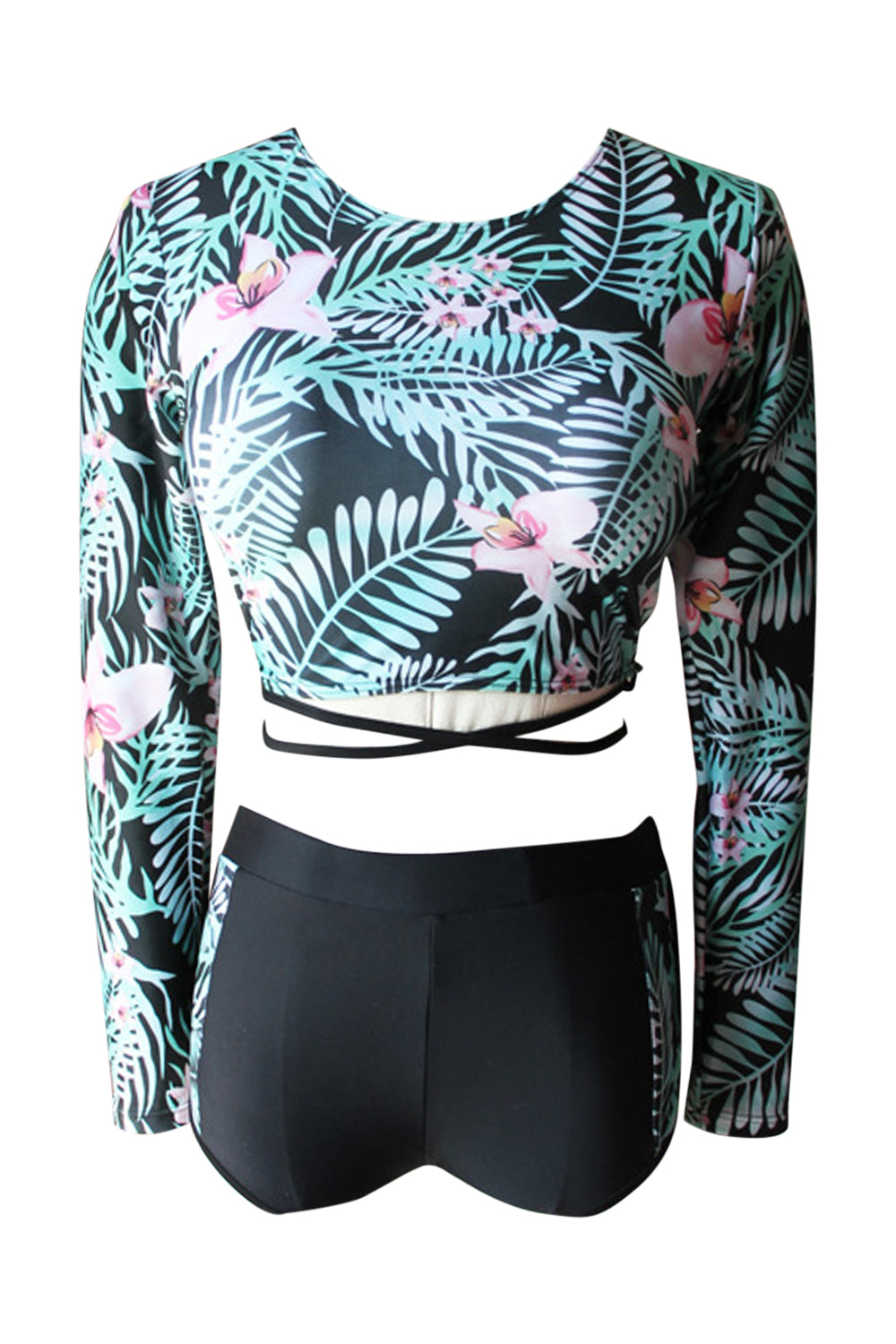 Iyasson Tropical Leaves Printing Long-sleeves Swimsuit