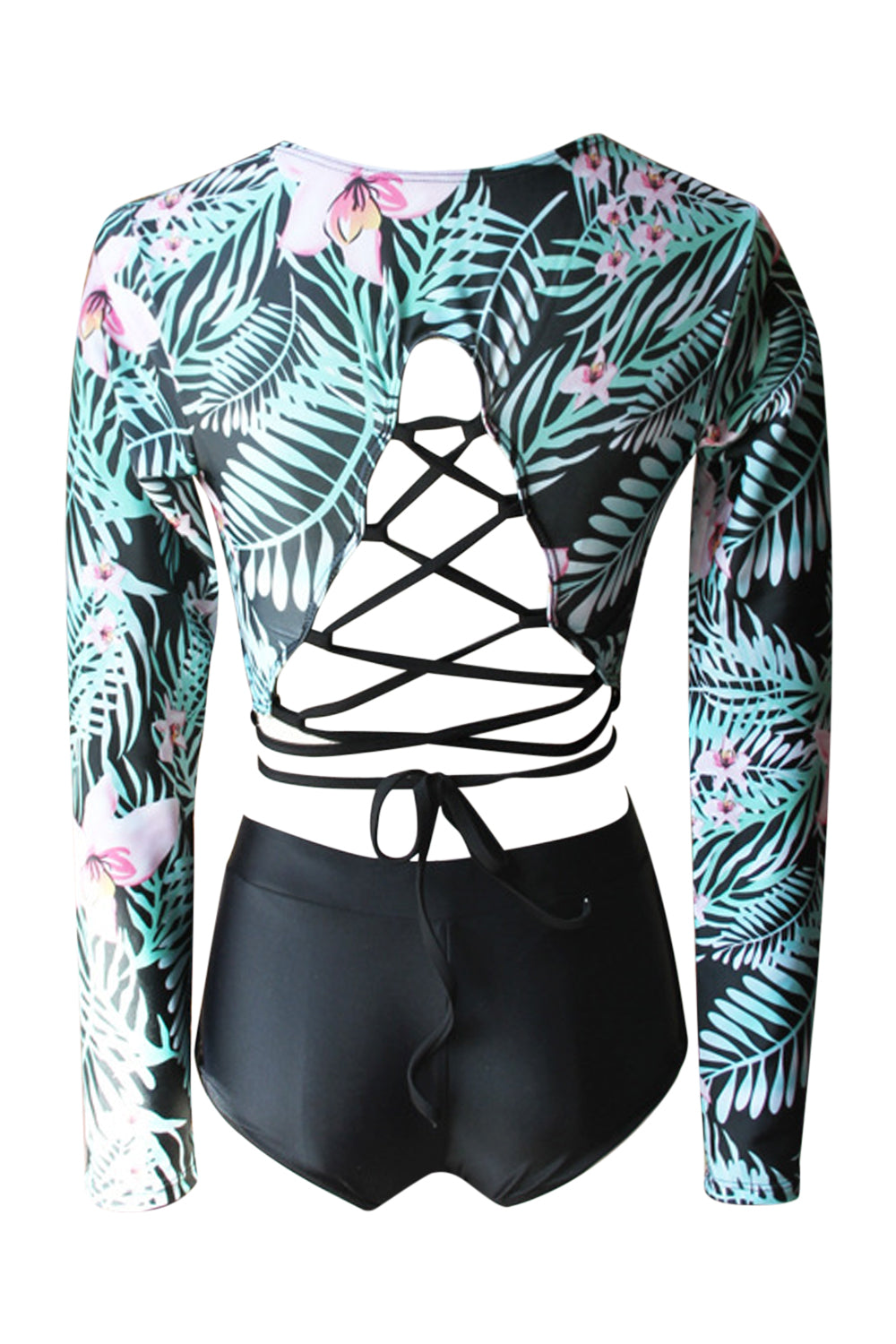 Iyasson Tropical Leaves Printing Long-sleeves Swimsuit