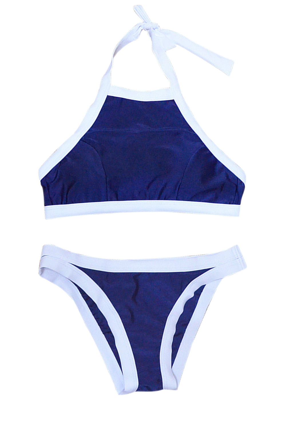 Iyasson Navy Blue High Neck Bikini Top And Double-string Bottom