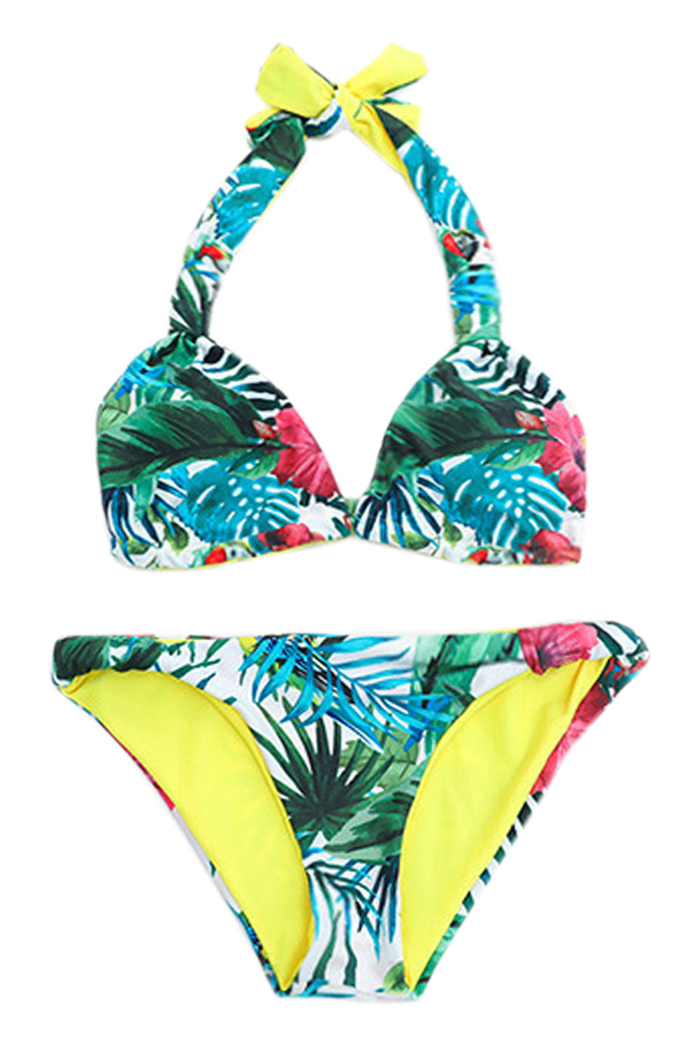 Iyasson Floral Printing Ruffle Halter Bikini Set