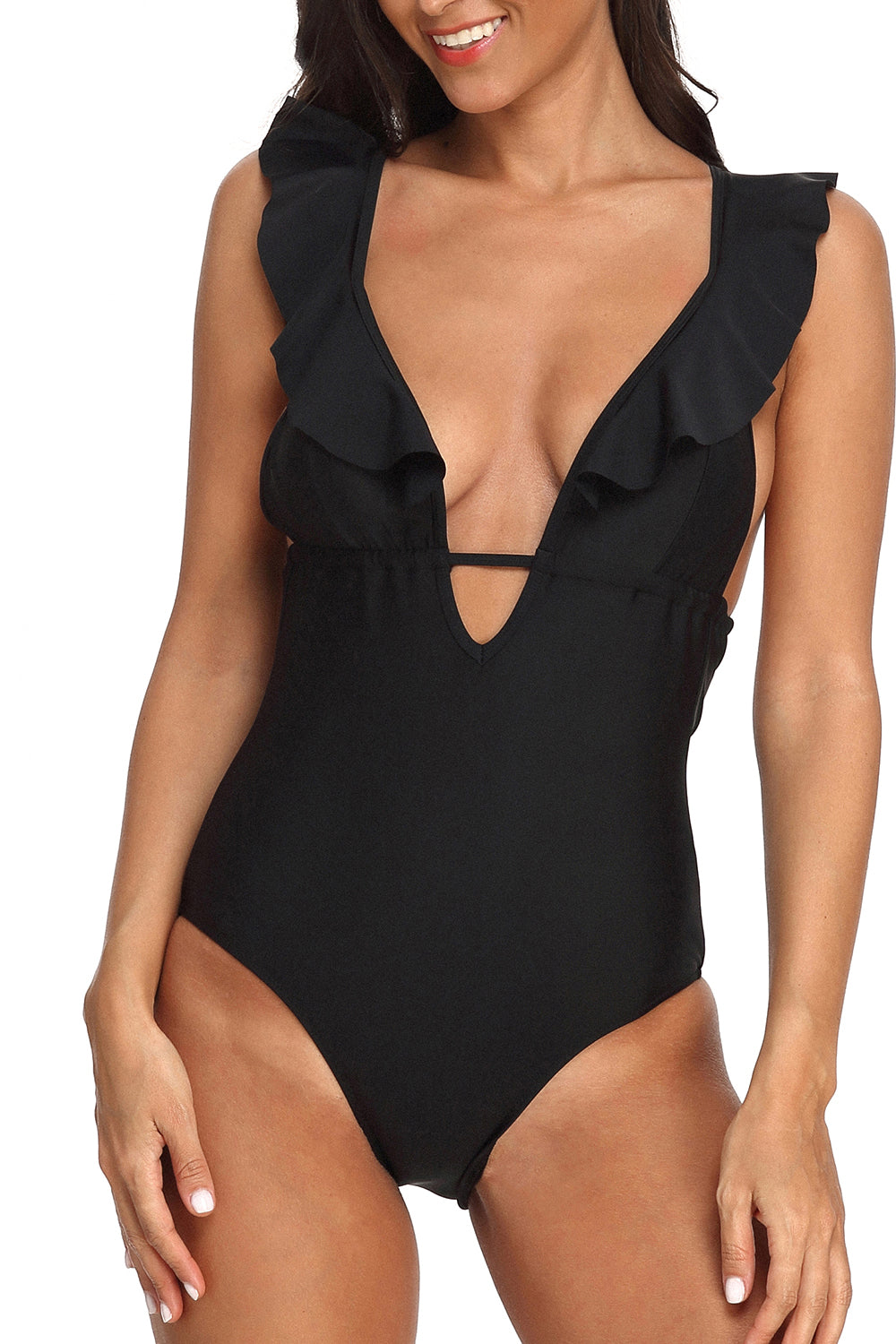 Women One Piece Bathing Suit Falbala Plunge V Neck Monokini Swimsuit