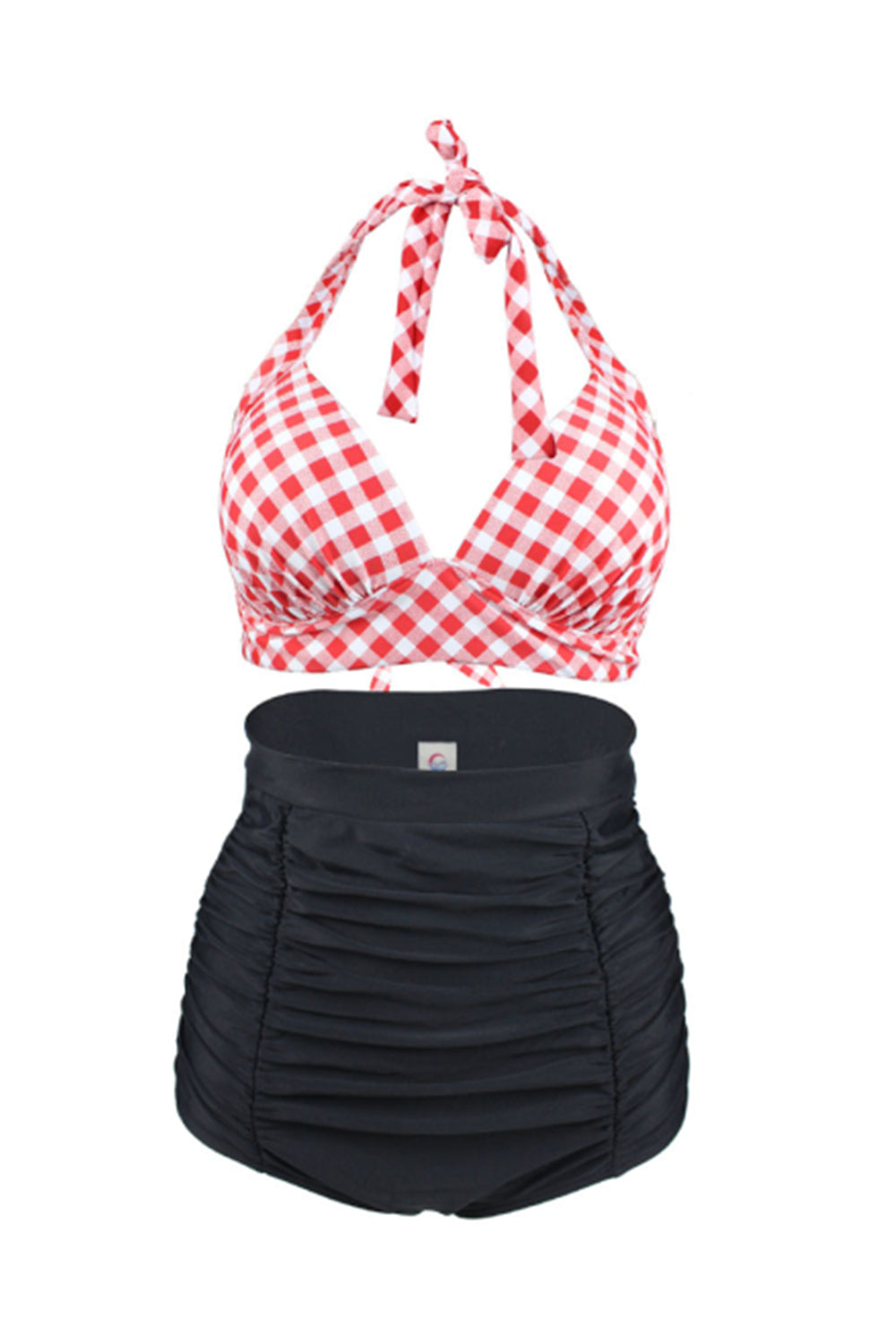 Split Straps Halter Plaid High-Waist Bikini Swimsuit
