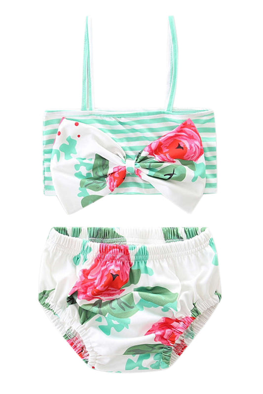 Iyasson Floral & Stripe Splicing Printing Baby Girl Swimsuit
