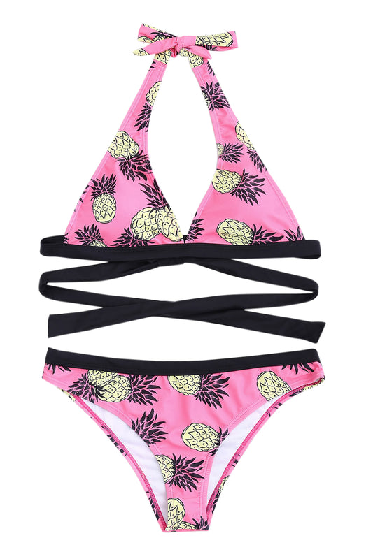 Iyasson Pink Pineapple Printing Cross Design Bikini Sets