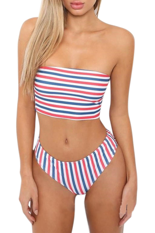 Iyasson Colorful Stripe Pattern Strapless Swimwear