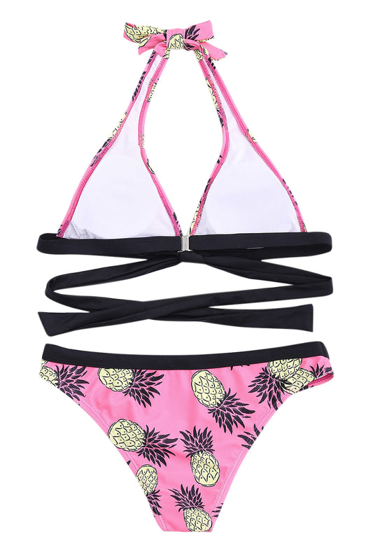 Iyasson Pink Pineapple Printing Cross Design Bikini Sets