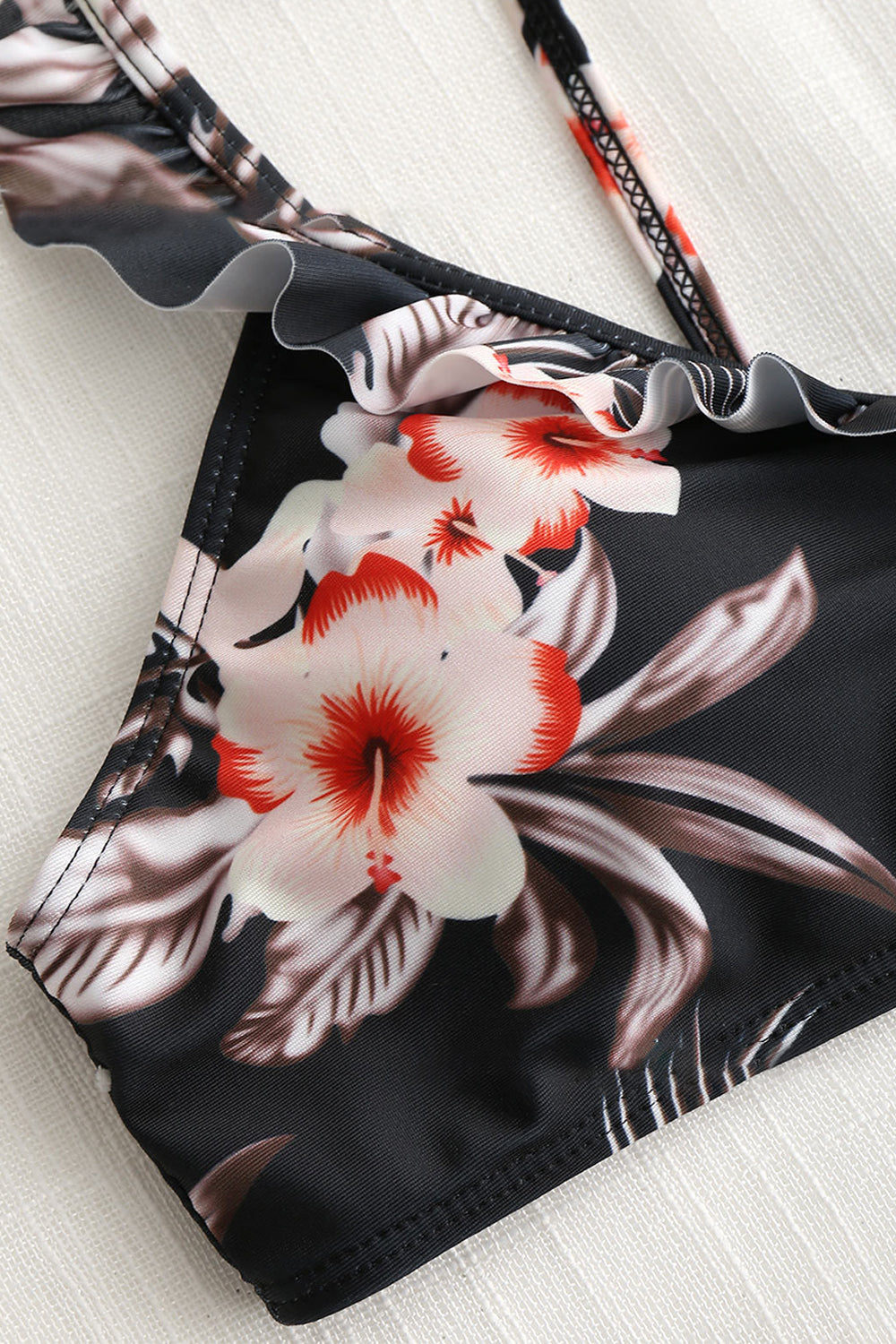 Iyasson Black Floral Printing Ruffles Swimwear