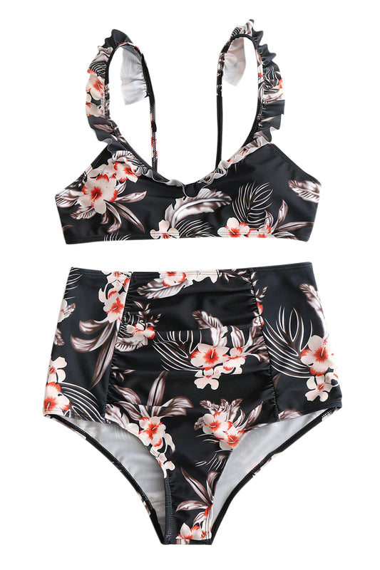 Iyasson Black Floral Printing Ruffles Swimwear