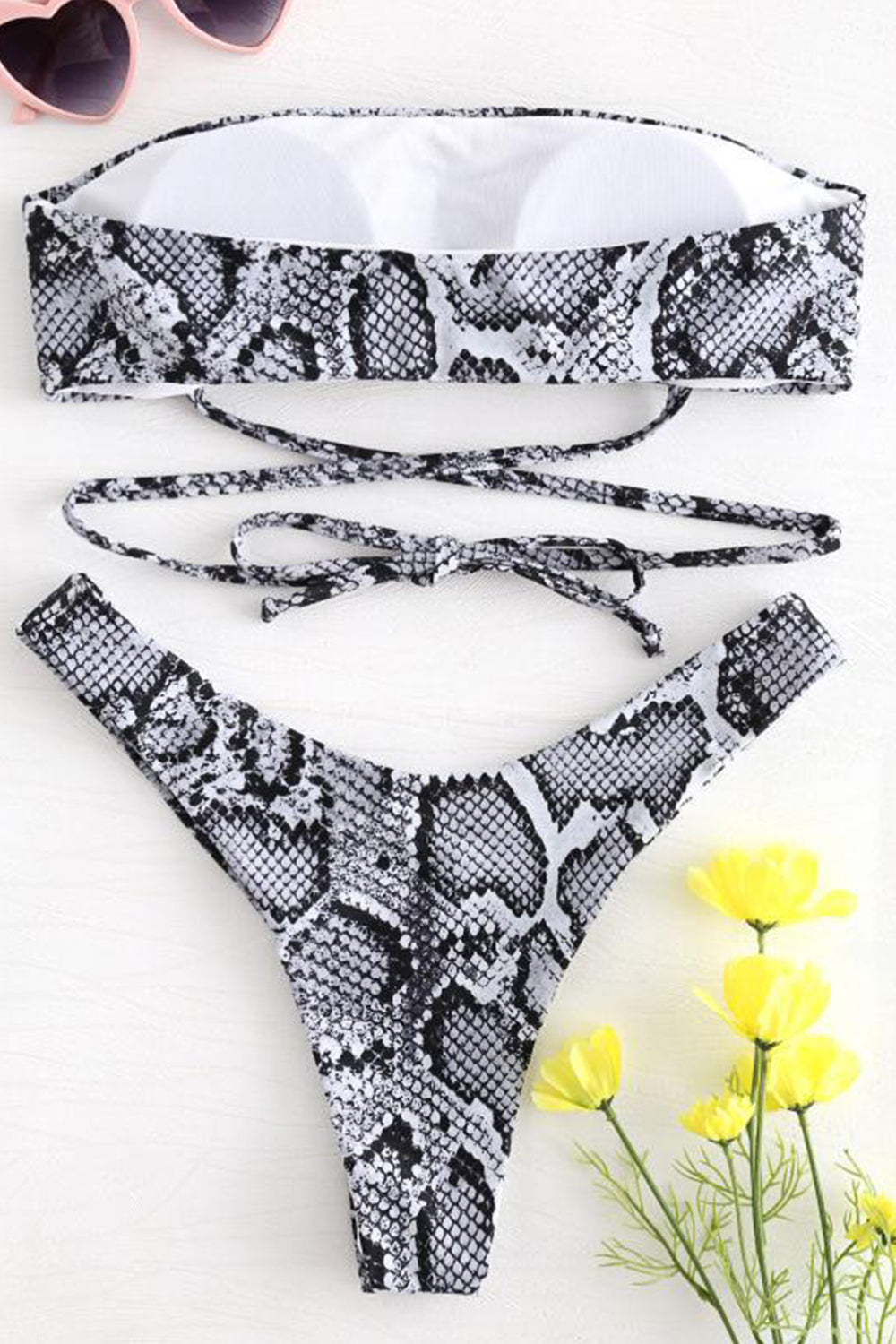 Womens Two Pieces Bikini Set Padded Snake Print Strapless Bandeau Swimsuit