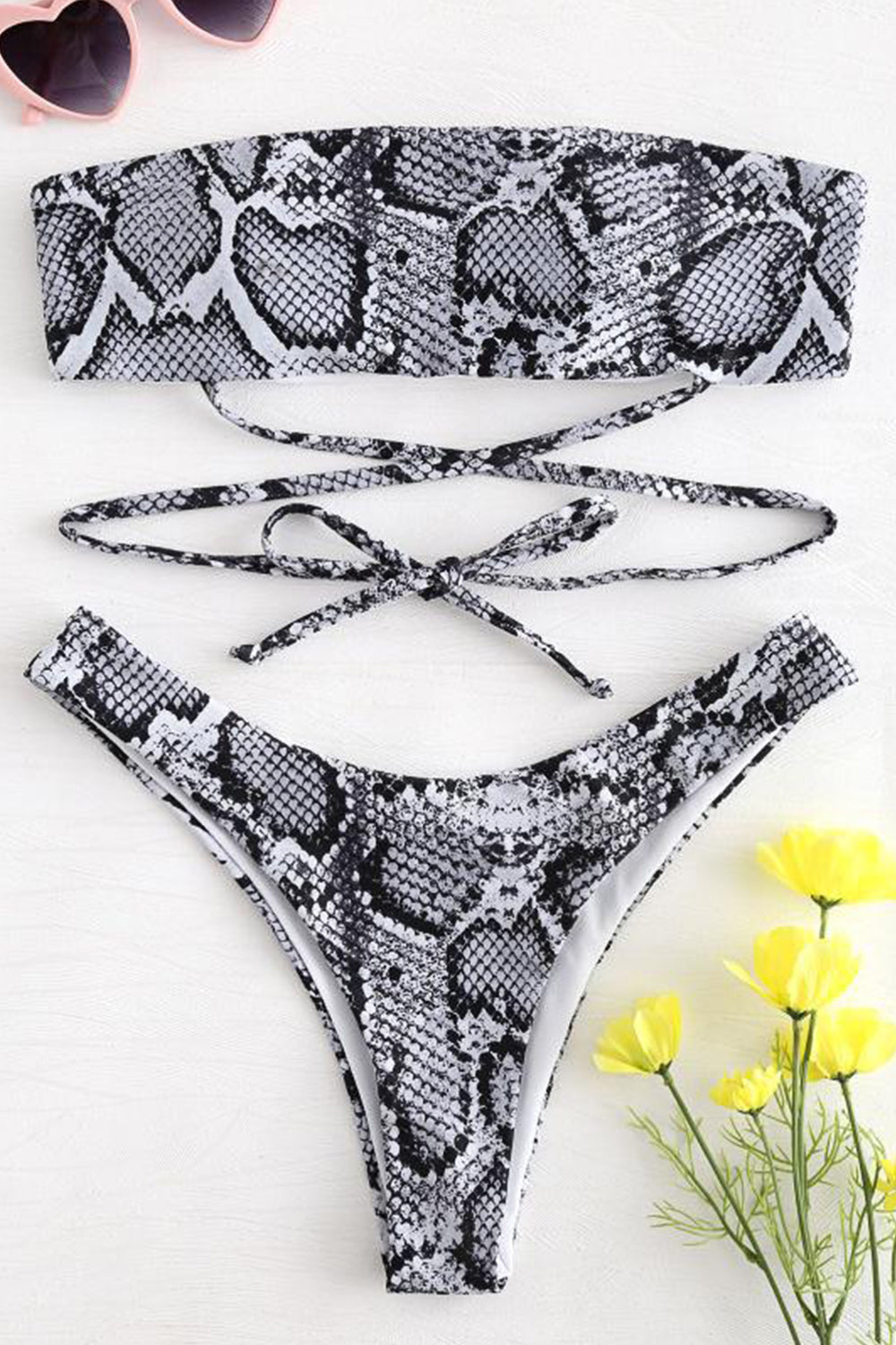 Womens Two Pieces Bikini Set Padded Snake Print Strapless Bandeau Swimsuit